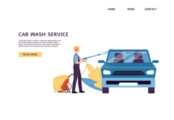 Car washing website banner with man doing car wash, flat vector illustration.