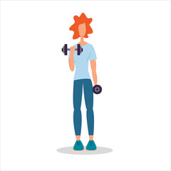 Woman dumbbell workout. Flat vector isolated illustration. Woman action character. Poster, print, banner design.