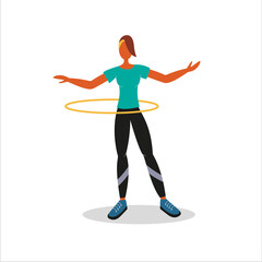 Fototapeta na wymiar Sport woman twists hula hoop. Flat vector isolated illustration. Woman action character. Home workouts.