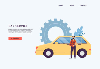 Car service website with auto mechanic male character, flat vector illustration.