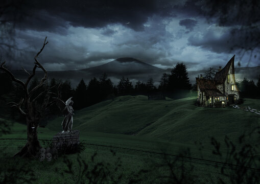paisaje de una casa embrujada &aacute;rbol seco composici&oacute;n surrealista photoshop