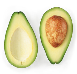 Two slices of avocado isolated on a white background. Top view