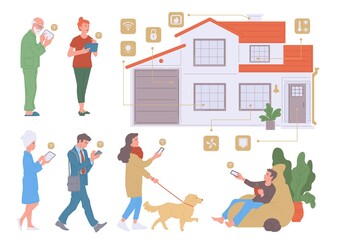 People set up and use smart home technology a vector illustration