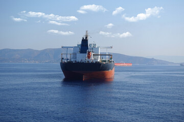 Detail photo of tanker ship anchored near port of Piraeus and island of Salamina, Saronic gulf,...