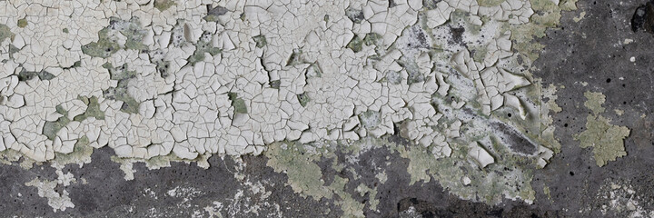Peeling paint on the wall. Panorama of a concrete wall with old cracked flaking paint. Weathered rough painted surface with patterns of cracks and peeling. Wide panoramic grunge texture for background