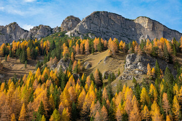 DRONE: Spectacular view of a beautiful fall colored mountain near Misurina.