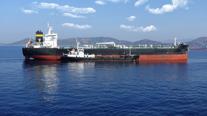 Detail photo of tanker ship anchored near port of Piraeus and island of Salamina, Saronic gulf, Attica, Greece