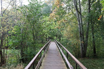 Narrow wooden footbridge over a not wide river during the day in early autumn.