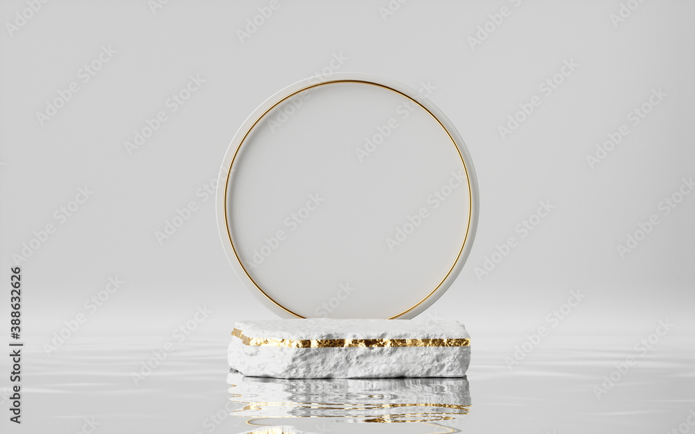 Poster 3d render, abstract modern minimal background with golden ring, white cobble and reflection in the w