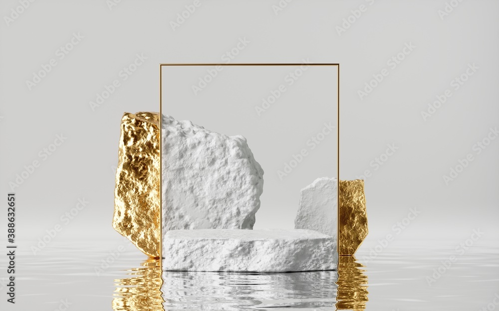Poster 3d render, abstract modern minimal white background with golden cobblestones and reflection on the w