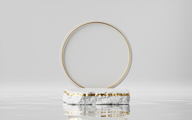 3d render, abstract modern minimal background with golden ring, white cobble and reflection in the water. Empty podium. Blank showcase mockup for product displaying