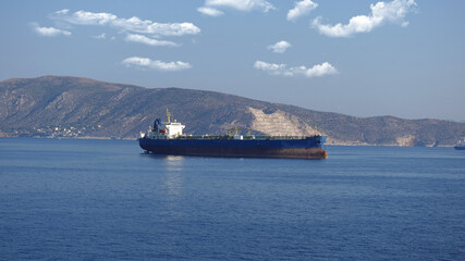 Detail photo of tanker ship anchored near port of Piraeus and island of Salamina, Saronic gulf, Attica, Greece