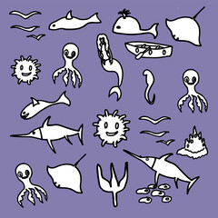marine theme vector illustration, octopus, mermaid, boat, ship, shark, swordfish, sand castle, seagulls, ball fish, trident, pebbles, stingray, whale, seahorse, turtle, anchor, lighthouse, treasure ch