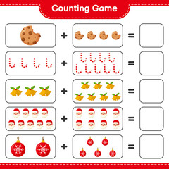 Counting game, count the number of christmas decoration and write the result. Educational children game, printable worksheet, vector illustration