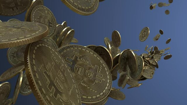 3D render of a stream bitcoins coins flying towards the camera 