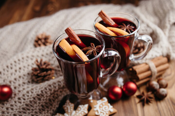 Christmas hot mulled wine with spices and orange
