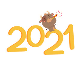 Christmas sale design template. Xmas cute ox with giant lettering 2021 blows a pipe with confetti. New year element for design of poster,greeting cards,stickers,banners. Merry Christmas. 