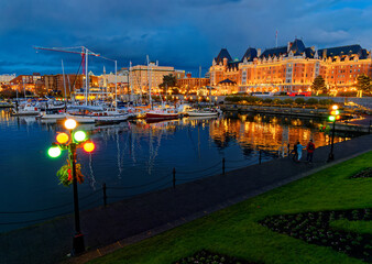 Inner Harbor in Victoria BC, Vancouver Island, Canada,decorated with festive lights during Christmas time
