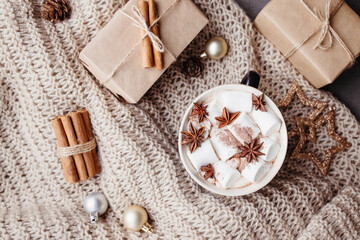 Christmas background with hot chocolate and gifts