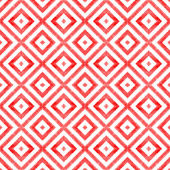 Watercolor geometric rhombus squares seamless pattern. Red stripes on white background