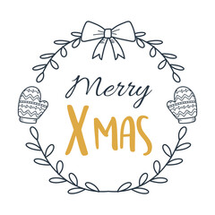 merry xmas wreath leaves branch and mittens