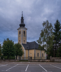 RASTOKE, CROATIA - AUG 21, 2020: Church in new part of Rastoke village, the historic center of the Croatian municipality of Slunj. This old part of Slunj is known for its well-preserved mills.