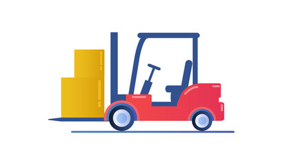 Forklift truck isolated on white background. Industrial forklift for branding and advertising. Transport for stock logistics. Flat cartoon vector illustration.