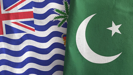 Pakistan and British Indian Territory two flags textile cloth 3D rendering