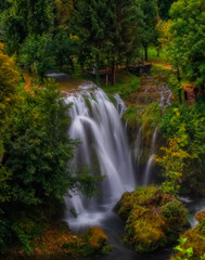 Obraz premium Waterfall Hrvoje in Village of Rastoke river canyon, Slunj, Croatia. August 2020. Long exposure picture.