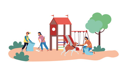 Obraz na płótnie Canvas Volunteers Cleaning Child Playground from Garbage. Women and Man Putting Trash into Bags for Recycling. Nature and Environment Protection. Vector Flat Cartoon Illustration
