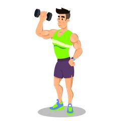 Strong man working out with dumbbells in Fitness Gym
