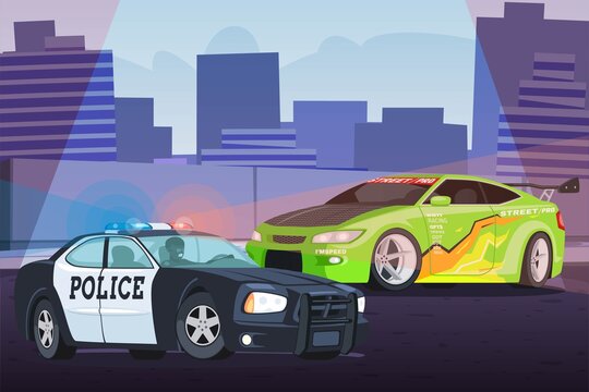 Street racing in city scene with chasing police