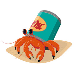 funny cartoon hermit crab in a can