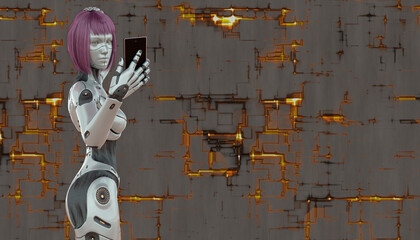 Cyborg girl with smartphone concept on techno background 3d illustration