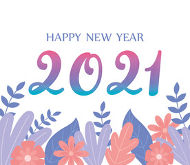 Obraz premium 2021 happy new year, floral greeting card number and flowers decoration