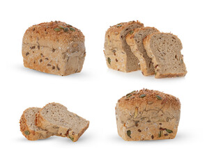 Whole grain bread on white background.
