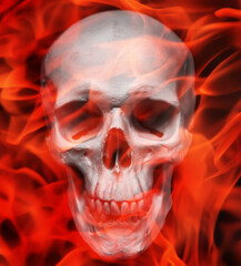 Human skull on a background of flames