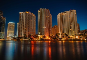 Plakat country skyline at night city buildings Brickell key florida miami building reflections 