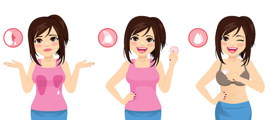 Young beautiful woman with milk stained shirt solving problem with round cotton breast pad © Kakigori Studio