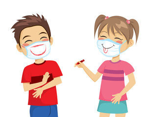 Kids having fun drawing smiles on their surgical masks
