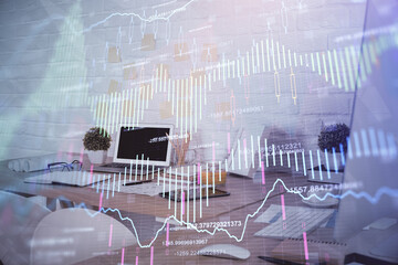 Multi exposure of stock market chart drawing and office interior background. Concept of financial analysis.