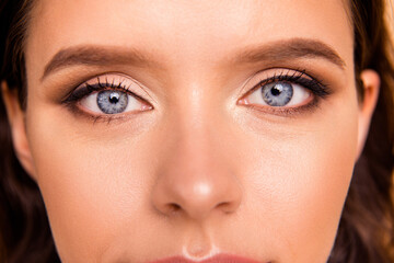 Cropped close up photo beautiful she her lady show new contact lens advertise advice choice choose open eyes close picture testing quality after operation improvement isolated beige pastel background