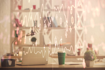 Double exposure of stock market graph drawing and office interior background. Concept of financial analysis.