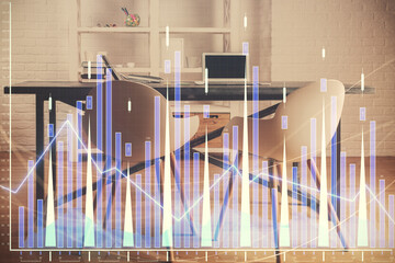 Multi exposure of financial graph drawing and office interior background. Concept of market analysis.