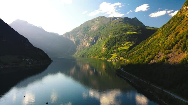 Panoramic drone landscape of Geiranger fjords, Geirangerfjord, Norway