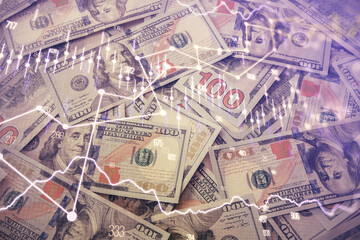 Multi exposure of forex chart drawing over us dollars bill background. Concept of financial success markets.