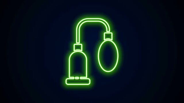 Glowing neon line Penis pump icon isolated on black background. Penis enlarger. Sex toy for men. Vacuum pump with a blower to increase the penis. 4K Video motion graphic animation.