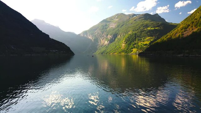 Panoramic drone landscape of Geiranger fjords, Geirangerfjord, Norway