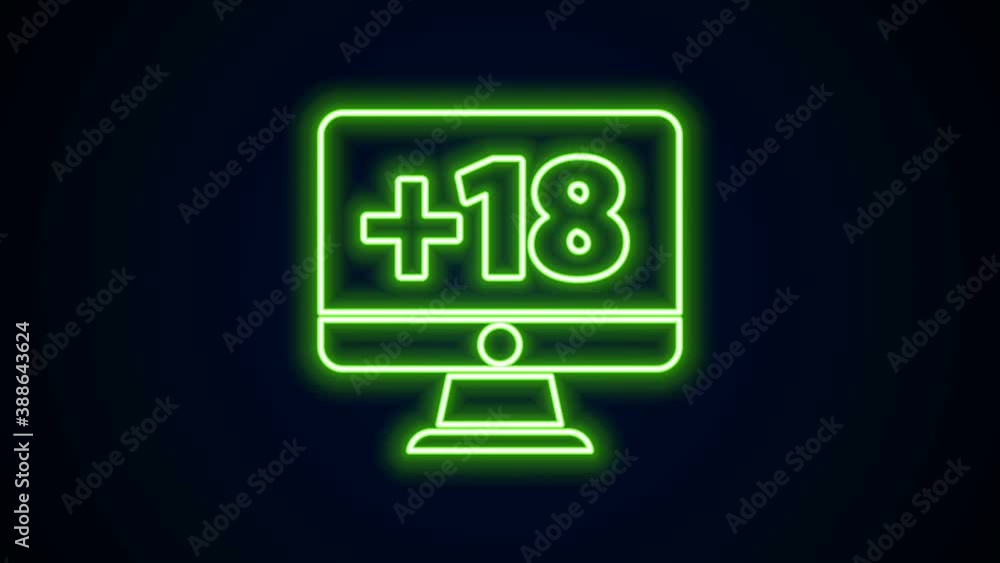 Poster glowing neon line computer monitor with 18 plus content icon isolated on black background. age restr