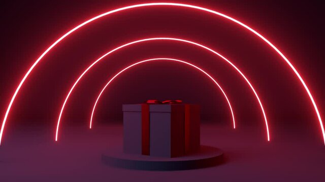 4K Black friday loopable footage. Stage with red neon light. Glowing illuminated circles. Podium with gift box on platform. Seamless loop.